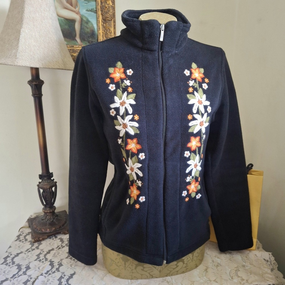 Disegna Fall Embroidered Zip Front Lightweight Fleece Jacket Size Small Pockets